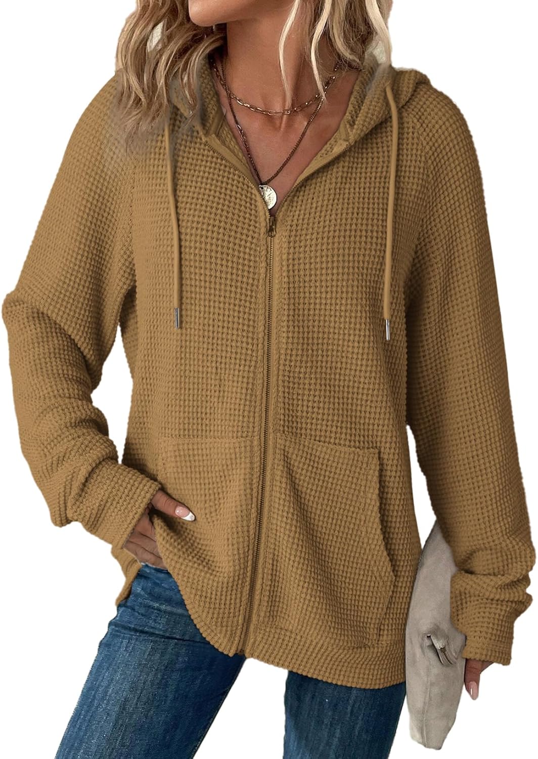 Alternative view of Dokotoo Women's Full Zip Up Hoodies Waffle Knit Long Sleeve Drawstring Casual Sweatshirt Hooded Tops