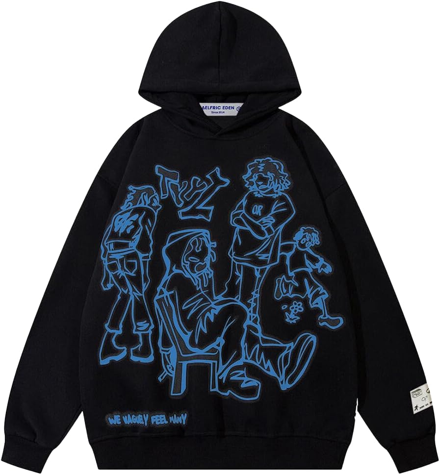 Aelfric Eden Mens Graphic Oversized Hoodie Cartoon Character Print Streetwear Casual hoodies y2k Hooded Sweatshirt