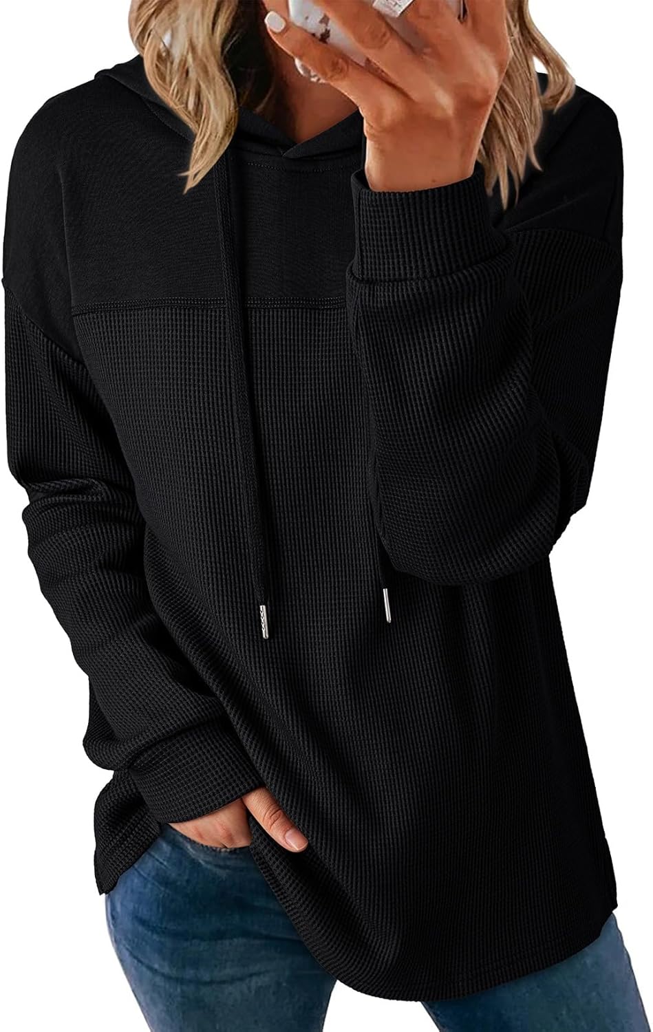 Alternative view of Dokotoo Womens Hoodies Casual Waffle Knit Long Sleeve Drawstring Pullover Sweatshirts Lightweight Hooded Tops