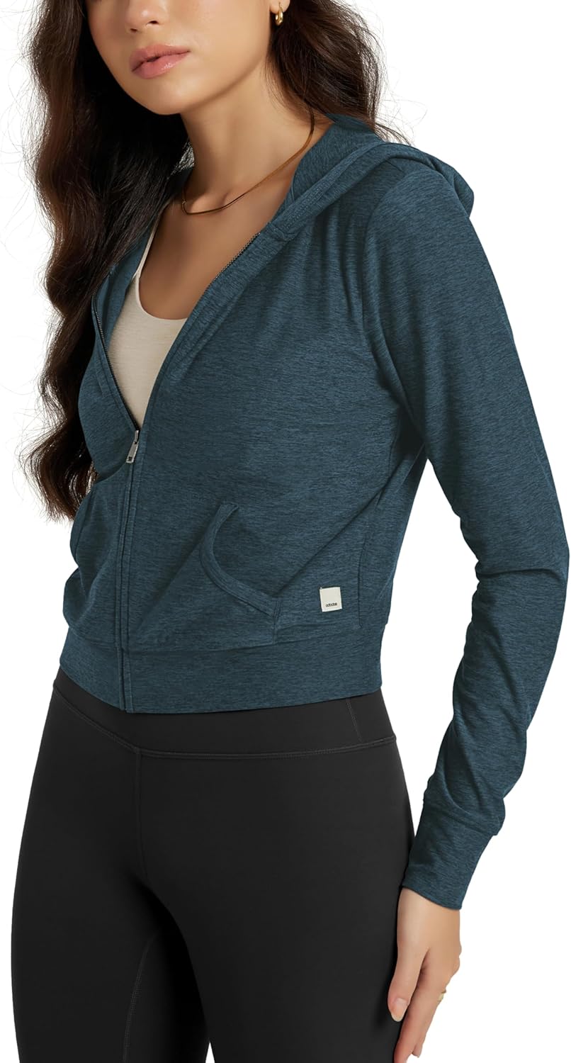 ODODOS Women's Full-Zip Cropped Hoodie - odSTRATUM Tech Ultra Soft UPF 50+ Hooded Jacket with Pockets