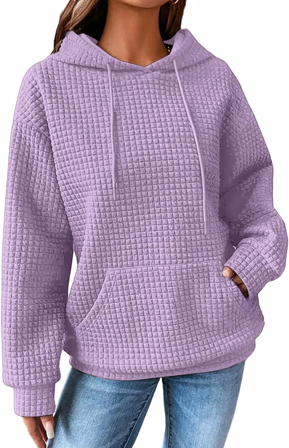 SHEWIN Womens Hoodies Casual Long Sleeve Drawstring Waffle Pullover Tops Loose Hooded Sweatshirt with Pocket - Image 5