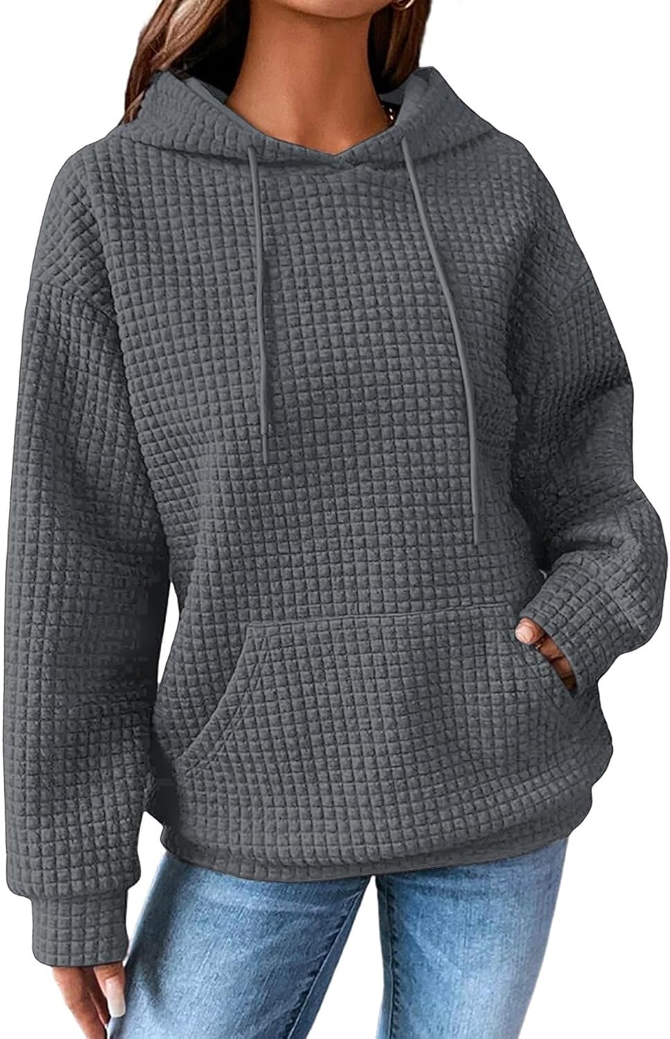 SHEWIN Womens Hoodies Casual Long Sleeve Drawstring Waffle Pullover Tops Loose Hooded Sweatshirt with Pocket - Image 7