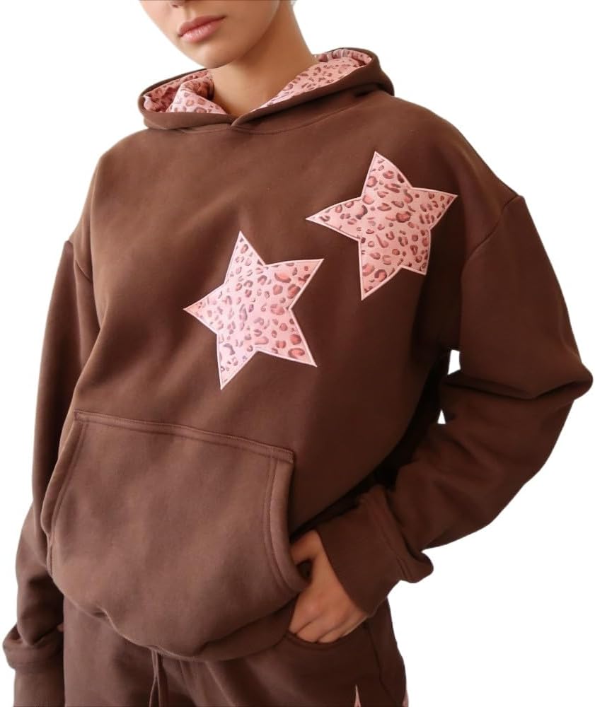 heyheyshine Star Graphic Hoodies Oversized Y2k Leopard Print Hooded Sweatshirt Cheetah Hoodie Streetwear Unisex Pullover Tops