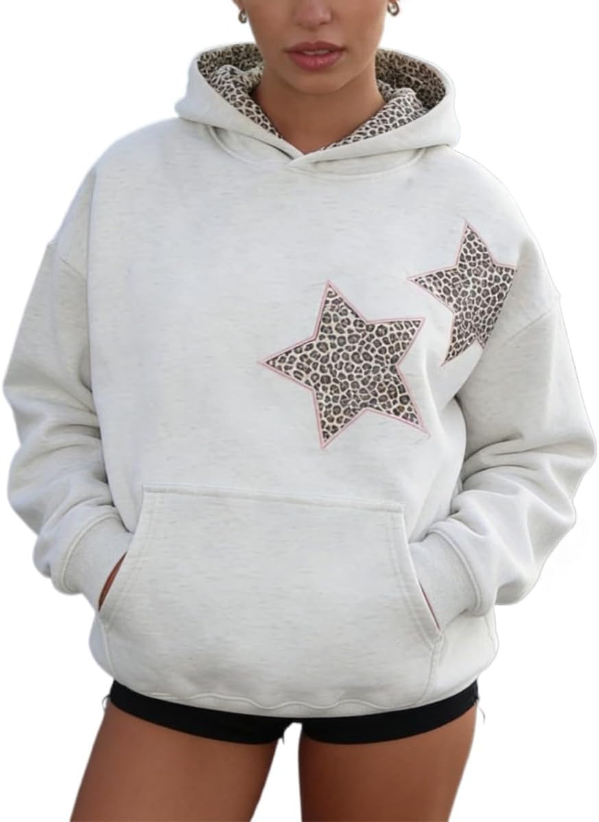 Alternative view of heyheyshine Star Graphic Hoodies Oversized Y2k Leopard Print Hooded Sweatshirt Cheetah Hoodie Streetwear Unisex Pullover Tops