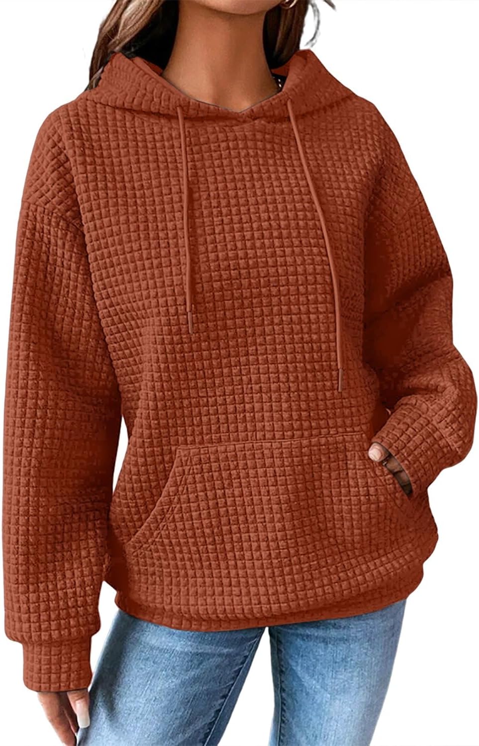 Alternative view of SHEWIN Womens Hoodies Casual Long Sleeve Drawstring Waffle Pullover Tops Loose Hooded Sweatshirt with Pocket