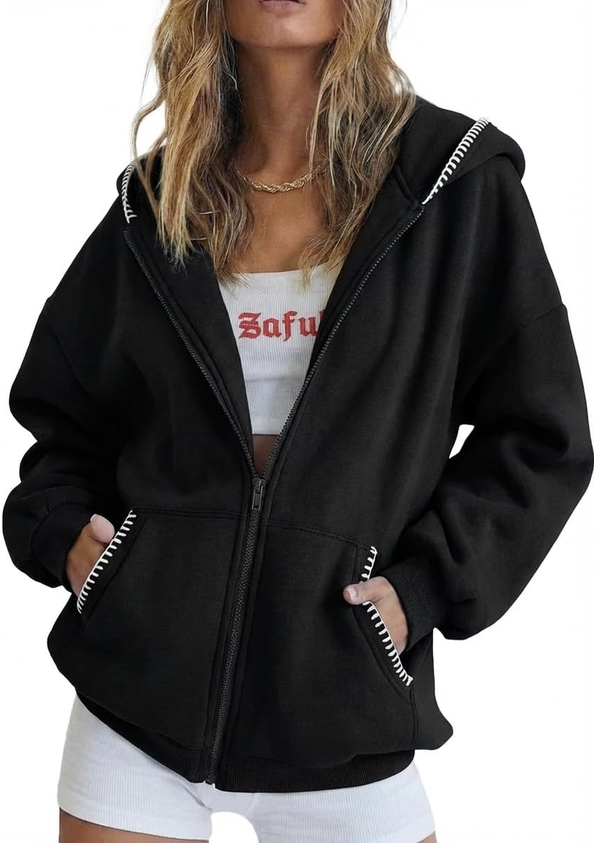 ZAFUL Contrast Stitching Hoodies for Women Sweatshirt Jackets Full Zip Up Fleece Hoodie Casual Comfy Fall Winter Clothes