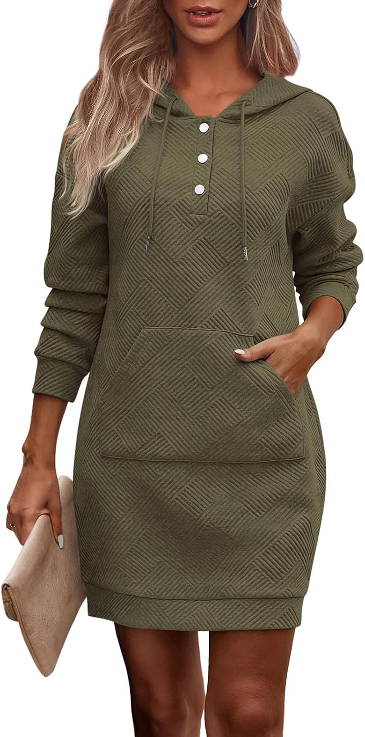 PRETTYGARDEN Womens Long Sleeve Hoodies Dress 2025 Fall Texture Button Oversized Sweatshirts Winter Dresses with Pockets