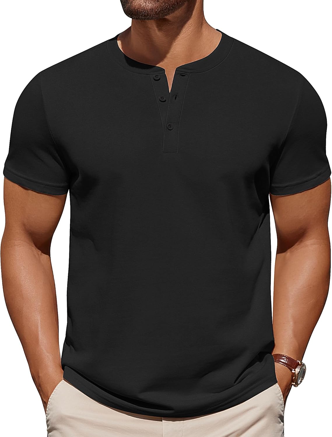 Alternative view of COOFANDY Mens Cotton Henley T-Shirts Short Sleeve Button Casual Basic Tees Work Shirts with Split Side