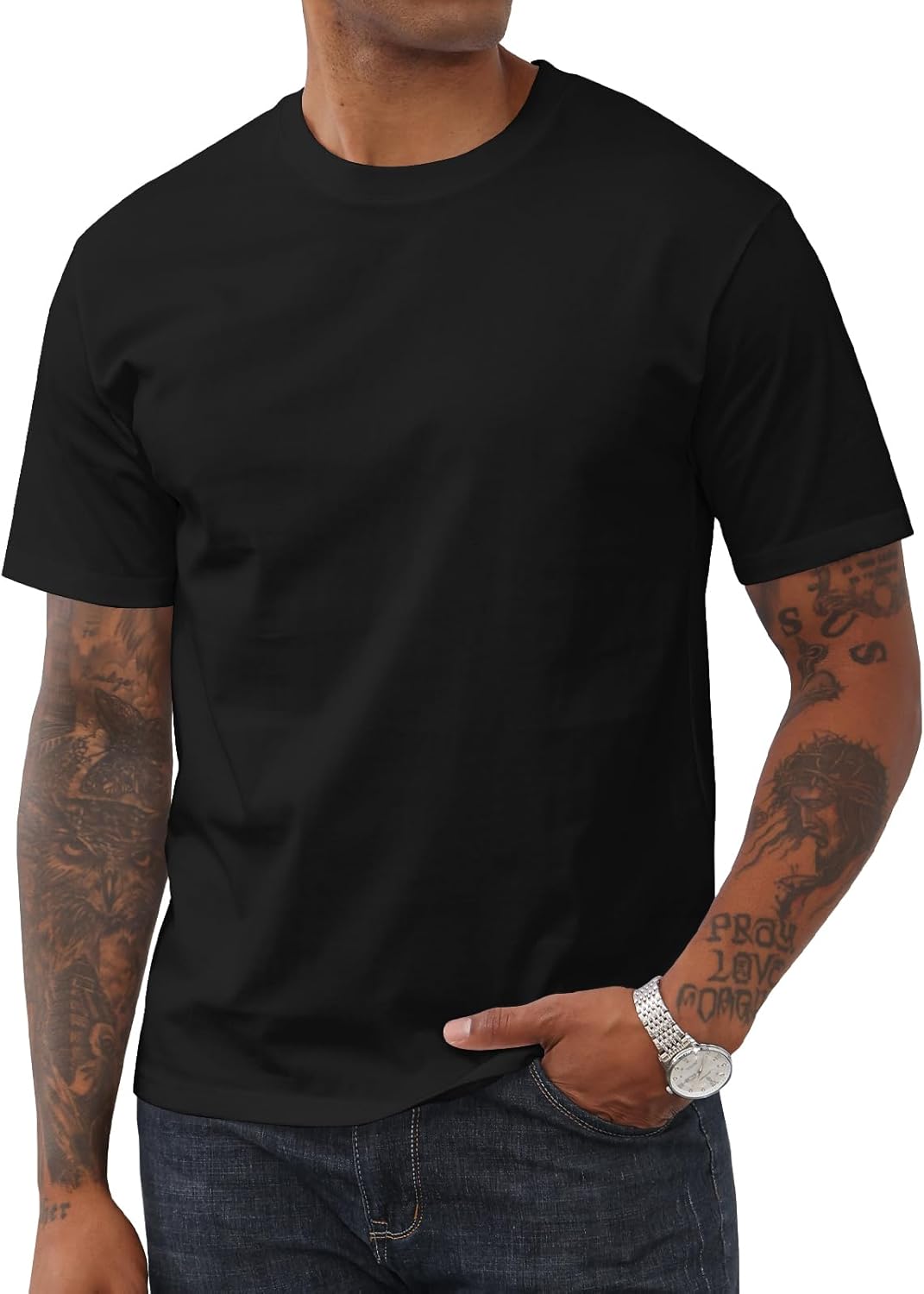 Mens Cotton T-Shirt Casual Short Sleeve Shirts Basic Heavyweight Crew Neck Soft Tees Classic Fit Summer Top