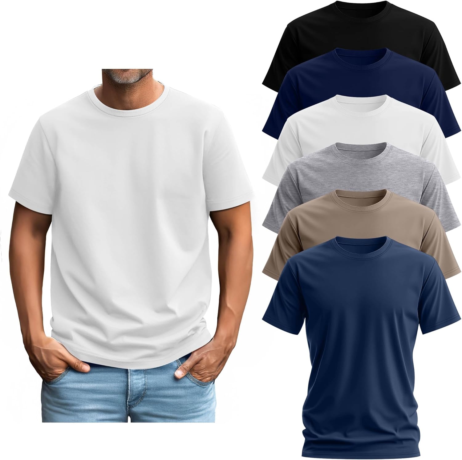 Ficerd 6 Pack Men's Big and Tall Shirts Short Sleeve Cotton Tee Summer Crew Neck Oversize Top Loose Fit Shirt Multipack