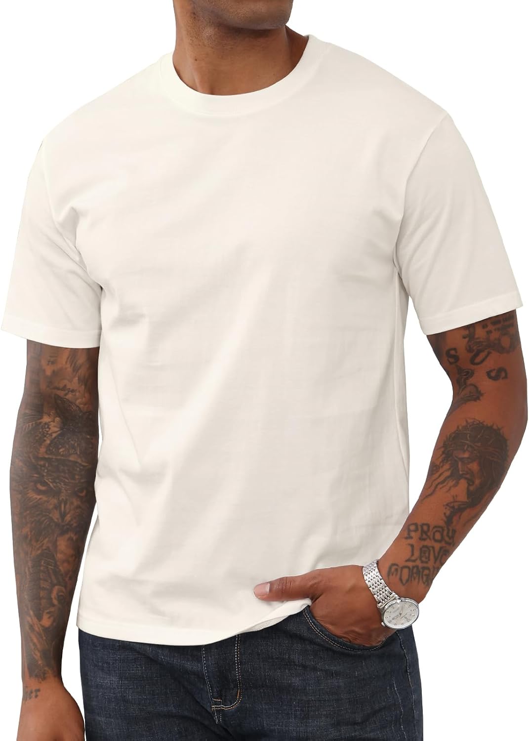 Alternative view of Mens Cotton T-Shirt Casual Short Sleeve Shirts Basic Heavyweight Crew Neck Soft Tees Classic Fit Summer Top