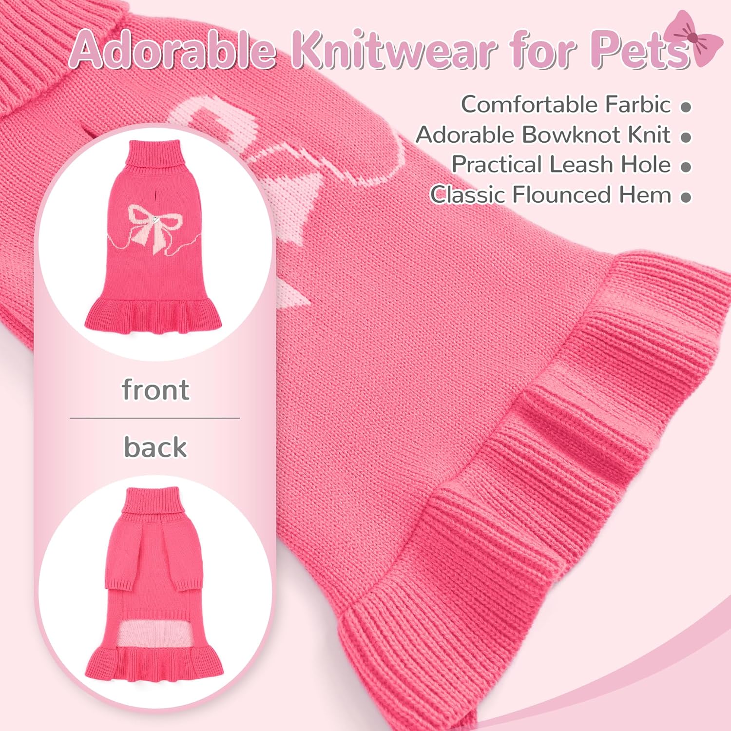 Alternative view of YUDODO Valentines Bowknot Dog Sweater Dress for Small Dogs Girl, Stretchy Pet Sweaters Pullover Coats, Winter Warm Dog Turtleneck Sweater for Chihuahua Yorkie (Pink, M)