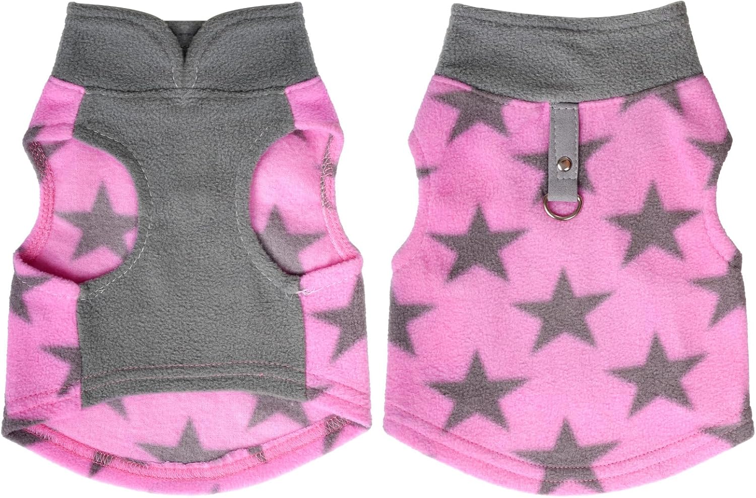 Rbenxia 2 Piece Grey and Pink Dog Heart Sweater with Leash Ring Soft Fleece Vest Dogs Pullover Warm Jacket Pet Dogs Clothes Winter Dog Outfits for Small Puppy Cat Pets (Medium, Stars+Heart)