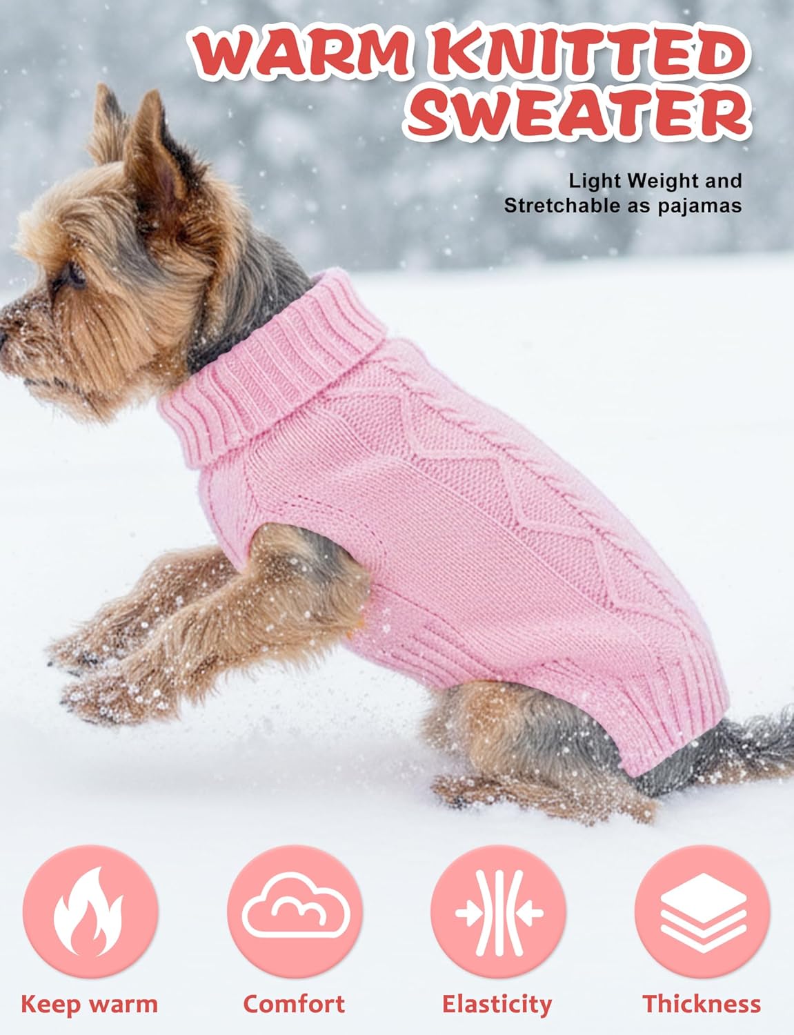 Alternative view of Dog Sweaters for Small Medium Large Dogs Cats, Soft Warm Turtleneck Pullover Solid Cable Knit Fleece Stretch Pet Clothes,Classic Fuzzy Coat for Puppy Girl Boys for Fall Winter Cold Weather