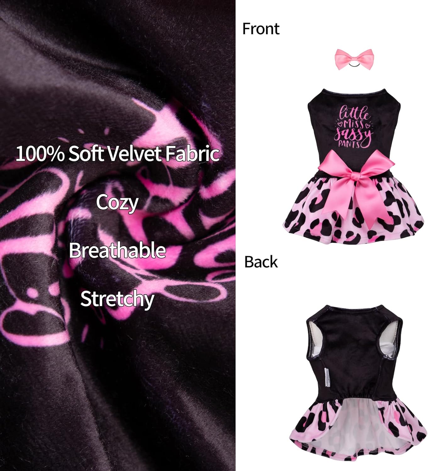 Alternative view of CuteBone Little Miss Sassy Pants Dog Leopard Print Dress Velvet for Small Dogs Girl Puppy Dresses Pink Dog Clothes CVA15XXS-D