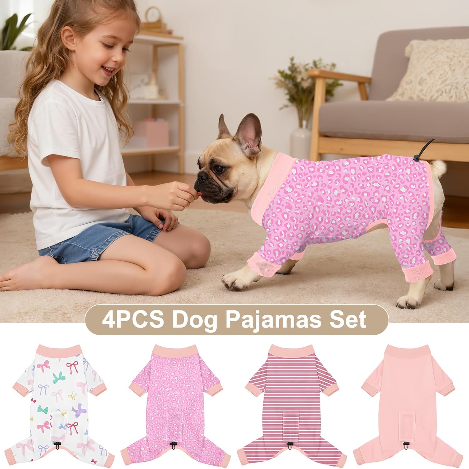 Bienbee Dog Pajamas, 4 PCS Dog Jammies Onesie Pjs Soft Stretchy Doggie Pajamas Dogs Clothes Costume for Small Medium Large Dogs Boy Girl(Pink Set)-S