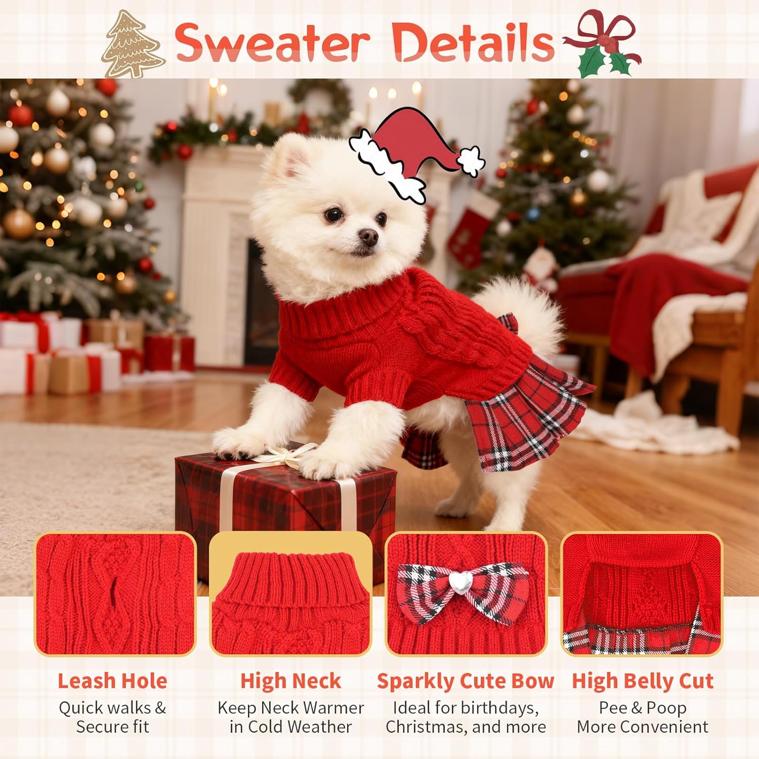 Hpetppy Dog Sweater Dress for Small Dogs Girl with Bowtie Winter Puppy Clothes Comfy Turtleneck Pet Pullover Knitwear for Female Doggie Chihuahua Yorkie (Red, S)