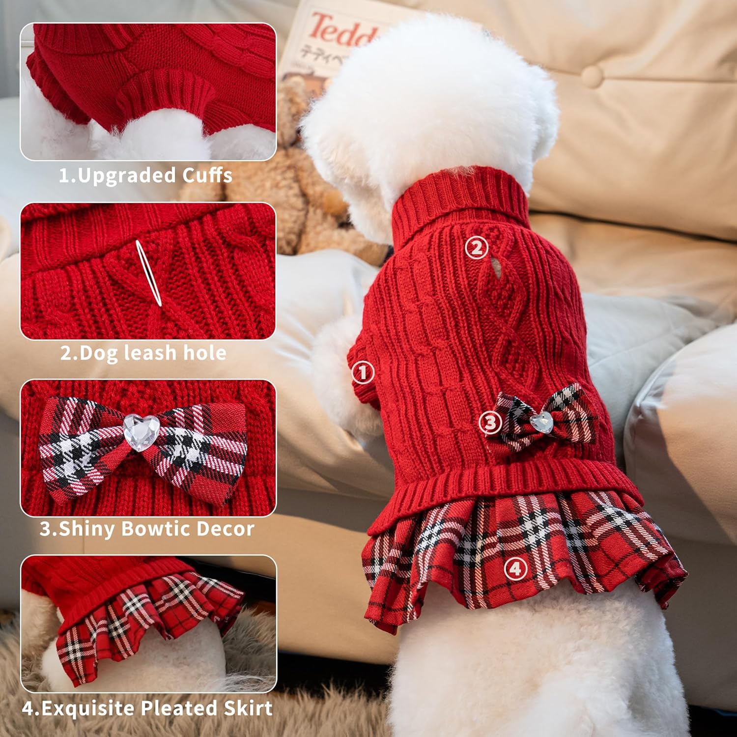 WOYYHO Girl Dog Sweater Dress with Bowtie Turtleneck Small Dogs Sweater with Leash Hole, Knitted Small Dog Sweaters Dress Puppy Winter Clothes for Yorkies Chihuahua (S, Red)