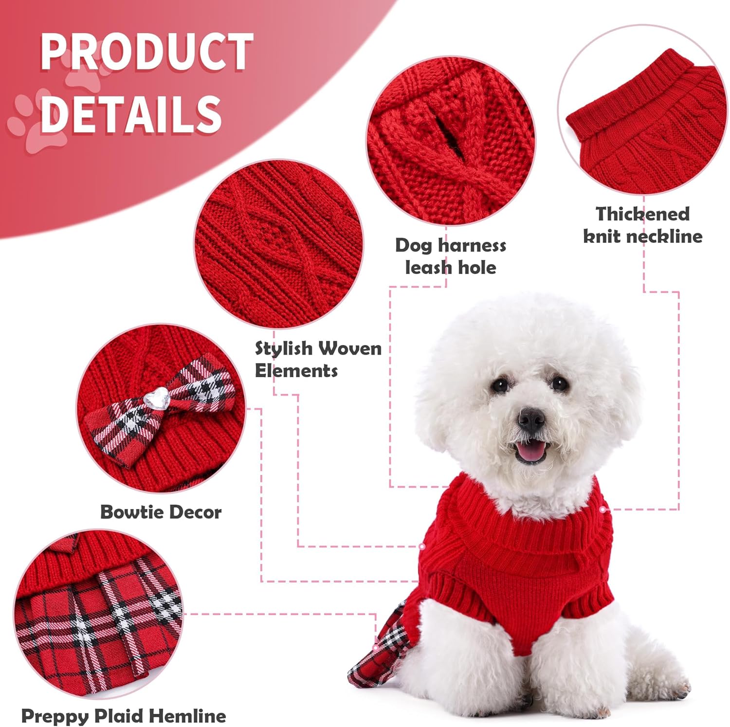 Alternative view of WOYYHO Girl Dog Sweater Dress with Bowtie Turtleneck Small Dogs Sweater with Leash Hole, Knitted Small Dog Sweaters Dress Puppy Winter Clothes for Yorkies Chihuahua (S, Red)