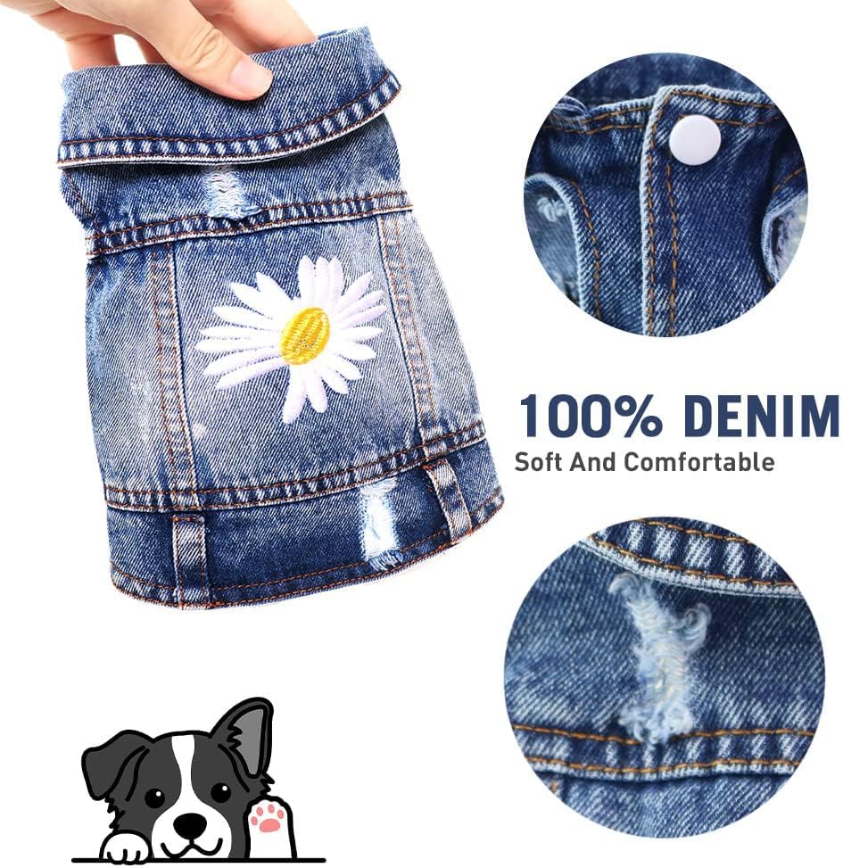 Dog Denim Jacket with Embroidered Daisy, Ripped Vintage Jean Vest for Small Dogs, Pugs, Chihuahuas, Spring Summer Autumn Festival Outfit