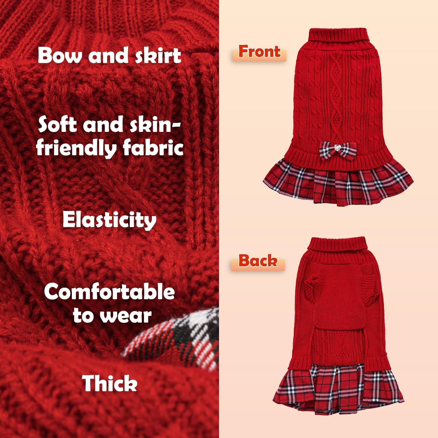 YUDODO Small Dog Sweater Dress with Bowtie Turtleneck - Knitted Pet Girl Dog Winter Clothes - Pet Warm Sweater for Puppy Yorkies, Chihuahua (M Red)