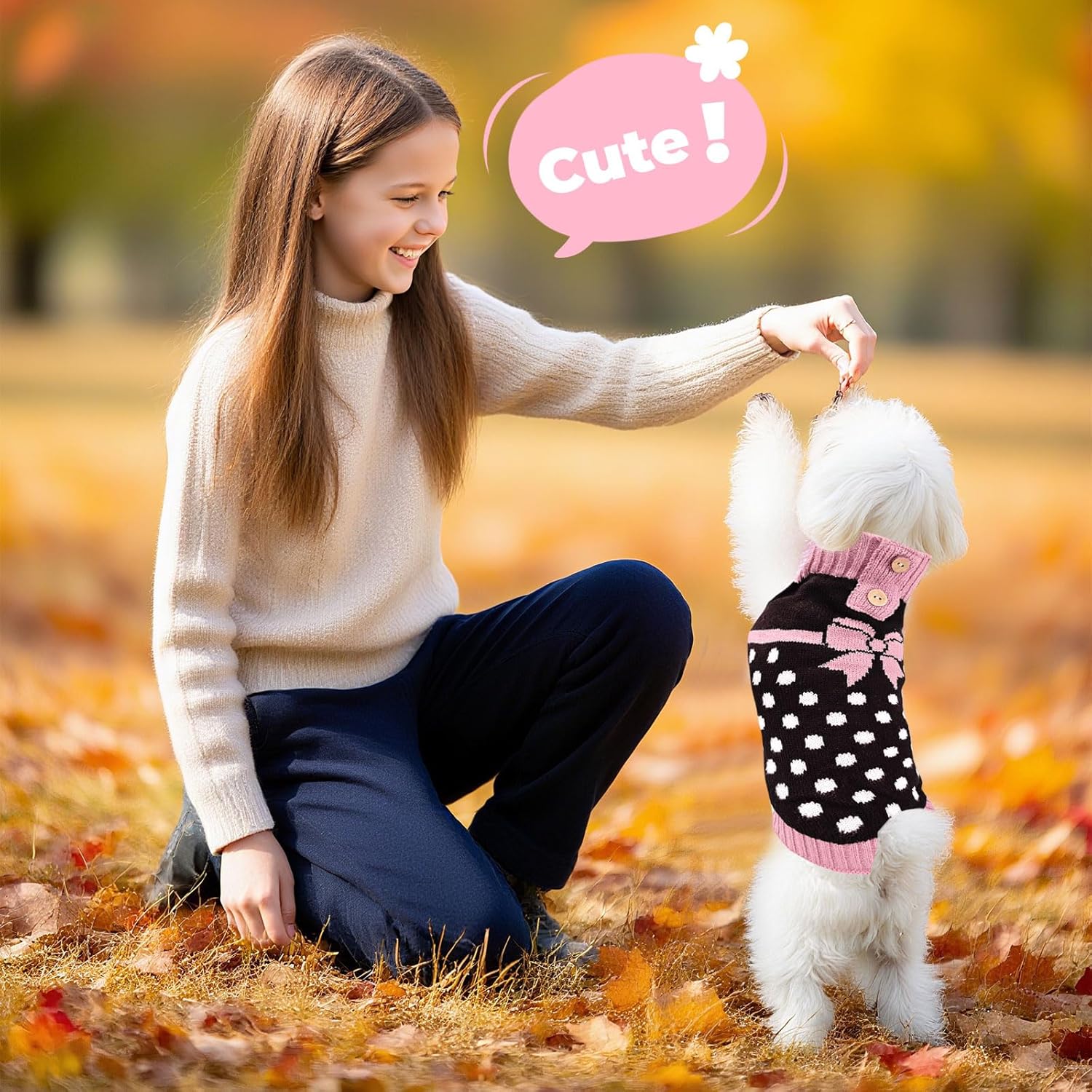 PETCARE Cute Dot Dog Sweater for Small Medium Dogs Girl with Purple Bowtie Knitted Warm Fall Winter Puppy Clothes Cat Sweaters for Cats Only Dachshund Chihuahua Yorkie Dog Outfits Vest Jumper - Image 3