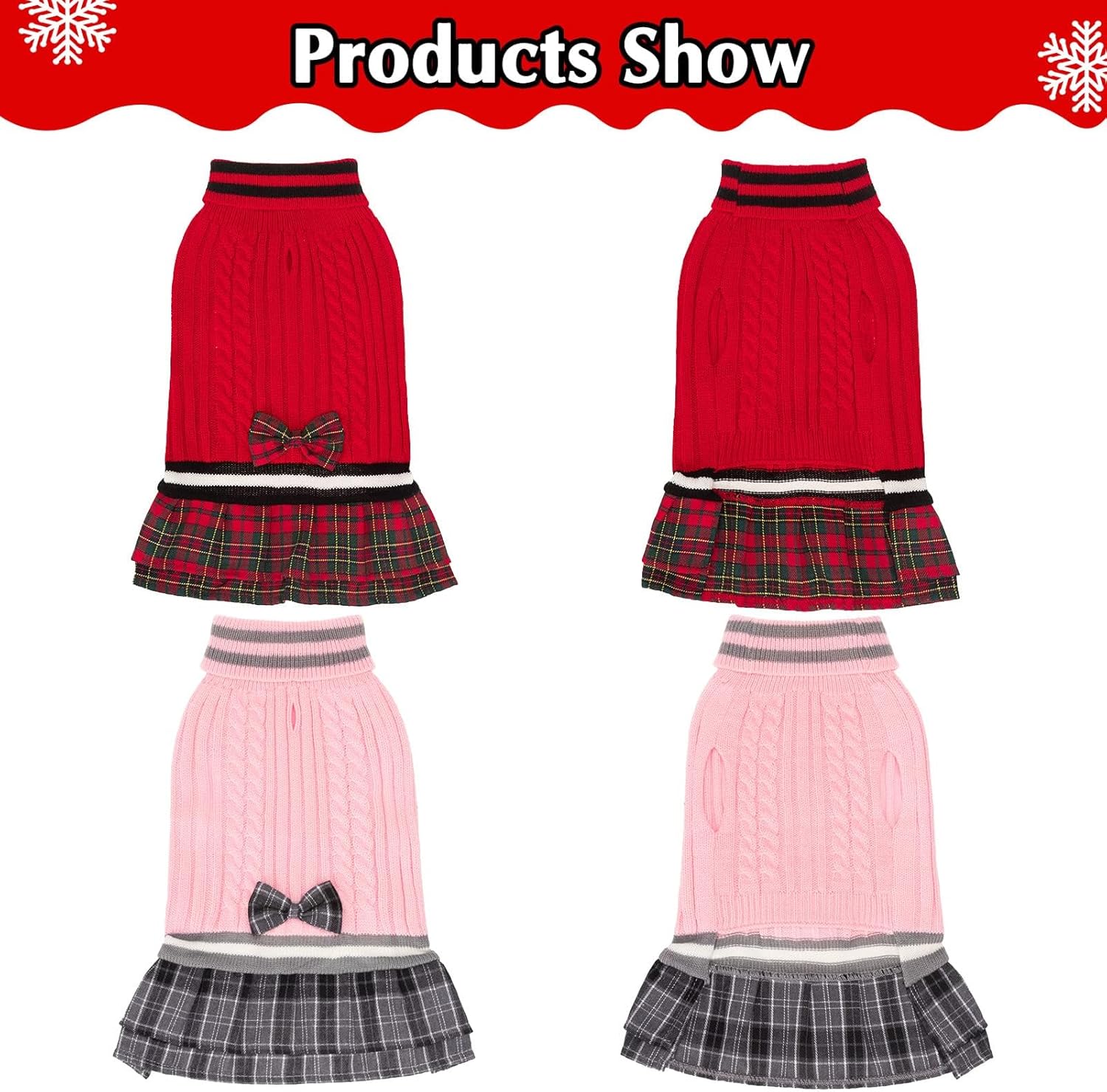 PAWCHIE Dog Sweater Dress with Bowtie - Dog Turtleneck Pullover Knitwear for Small Dogs Girls Cold Weather Sweater with Leash Hole, Suitable for Small Medium Dogs Puppies