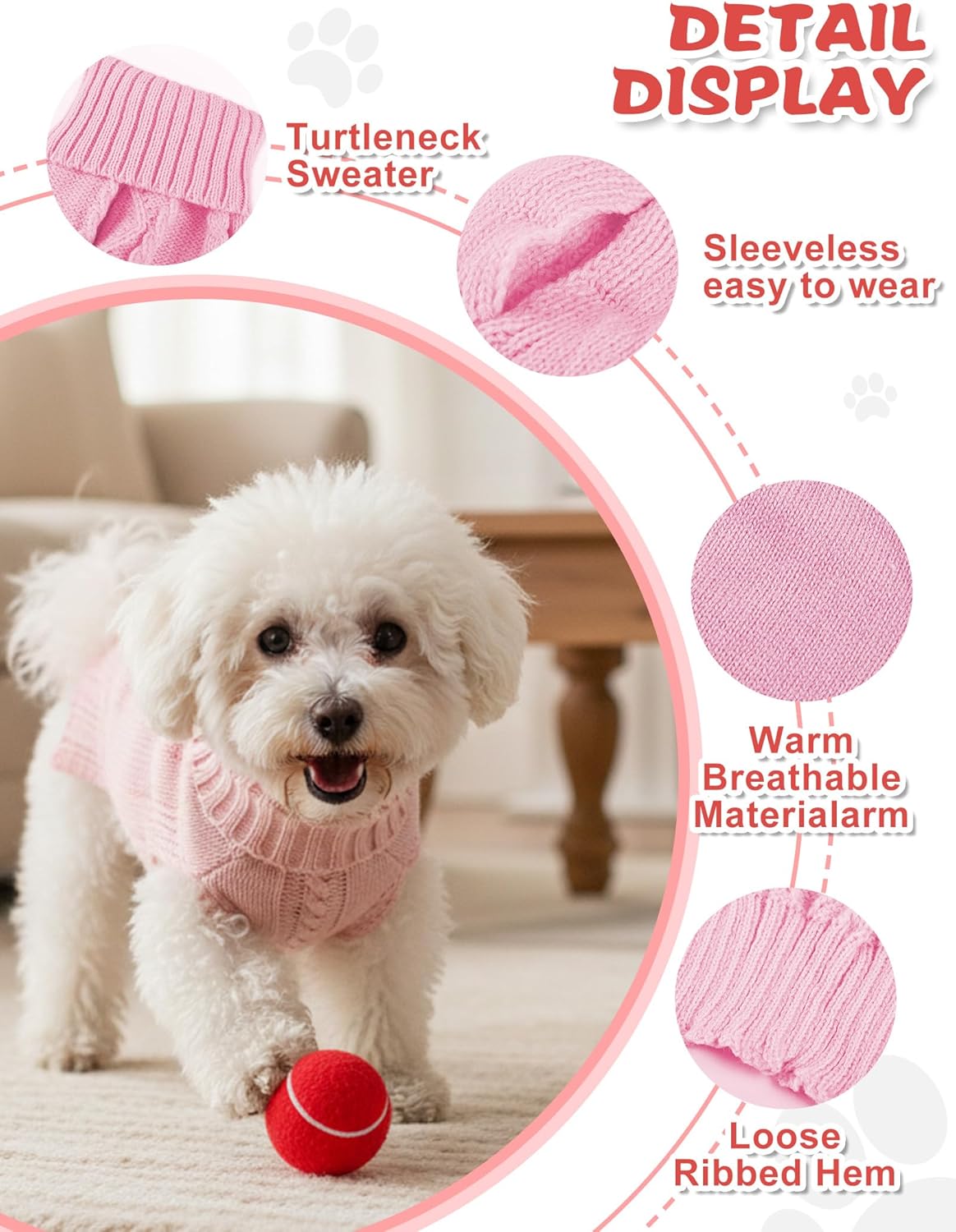Dog Sweaters for Small Medium Large Dogs Cats, Soft Warm Turtleneck Pullover Solid Cable Knit Fleece Stretch Pet Clothes,Classic Fuzzy Coat for Puppy Girl Boys for Fall Winter Cold Weather