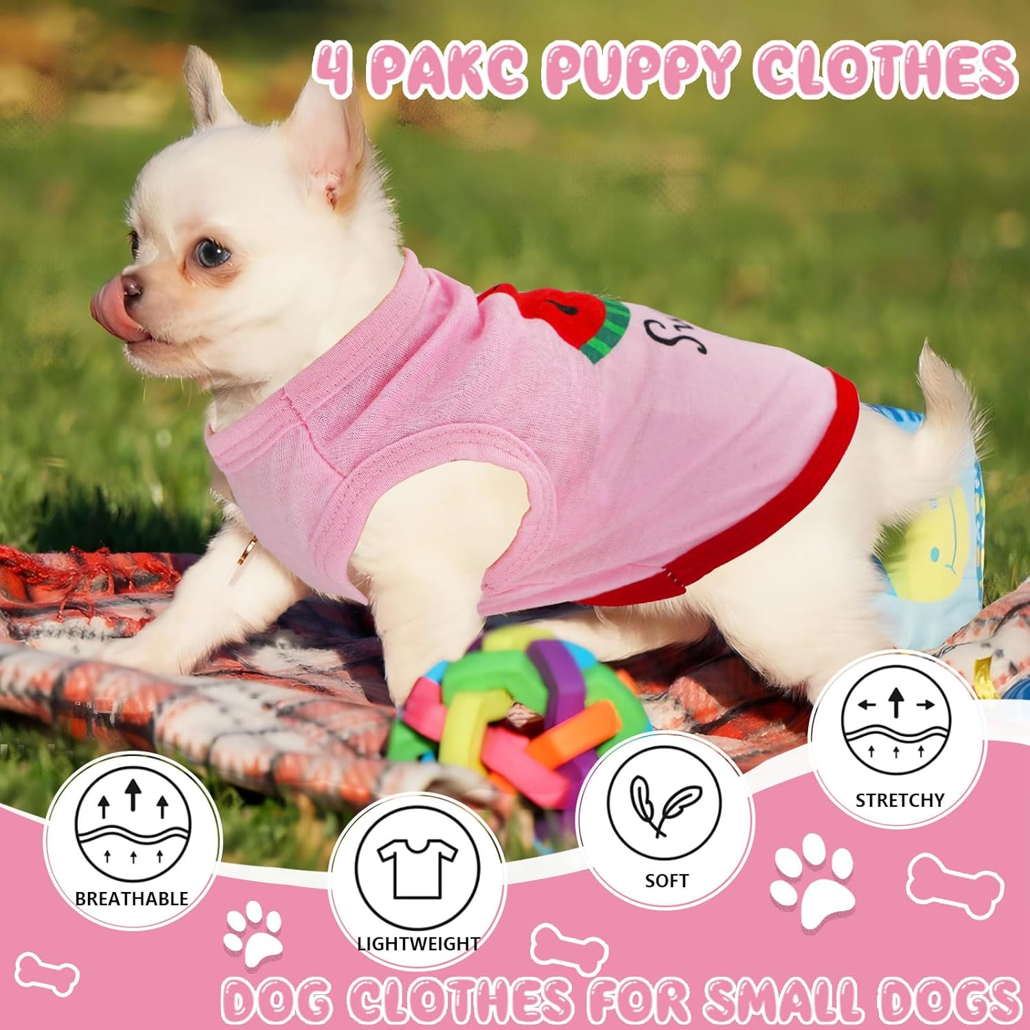 Alternative view of Generic 4 Pieces Dog Clothes for Small Dogs Girls Summer Autumn Cute Puppy Clothes Soft Pet Dog Shirts Chihuahua Teacup Dog Cat Clothing Pink Costume (XX-Small)