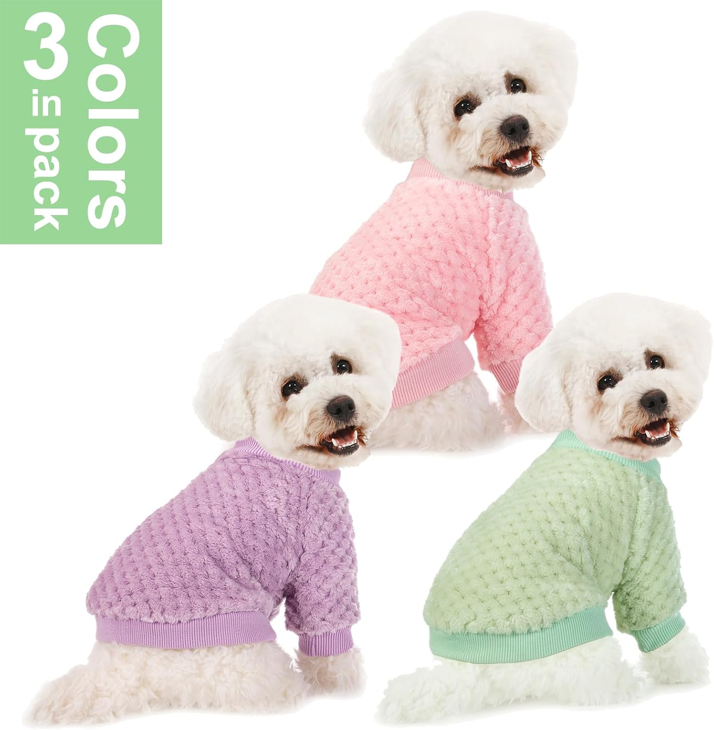 Alternative view of Dog Sweater, 3 Pack Dog Sweaters for Small Medium Dogs or Cat, Warm Soft Flannel Pet Clothes for Dogs Girl or Boy, Dog Shirt Coat Jacket (Medium, Pink+Purple+Light Green)