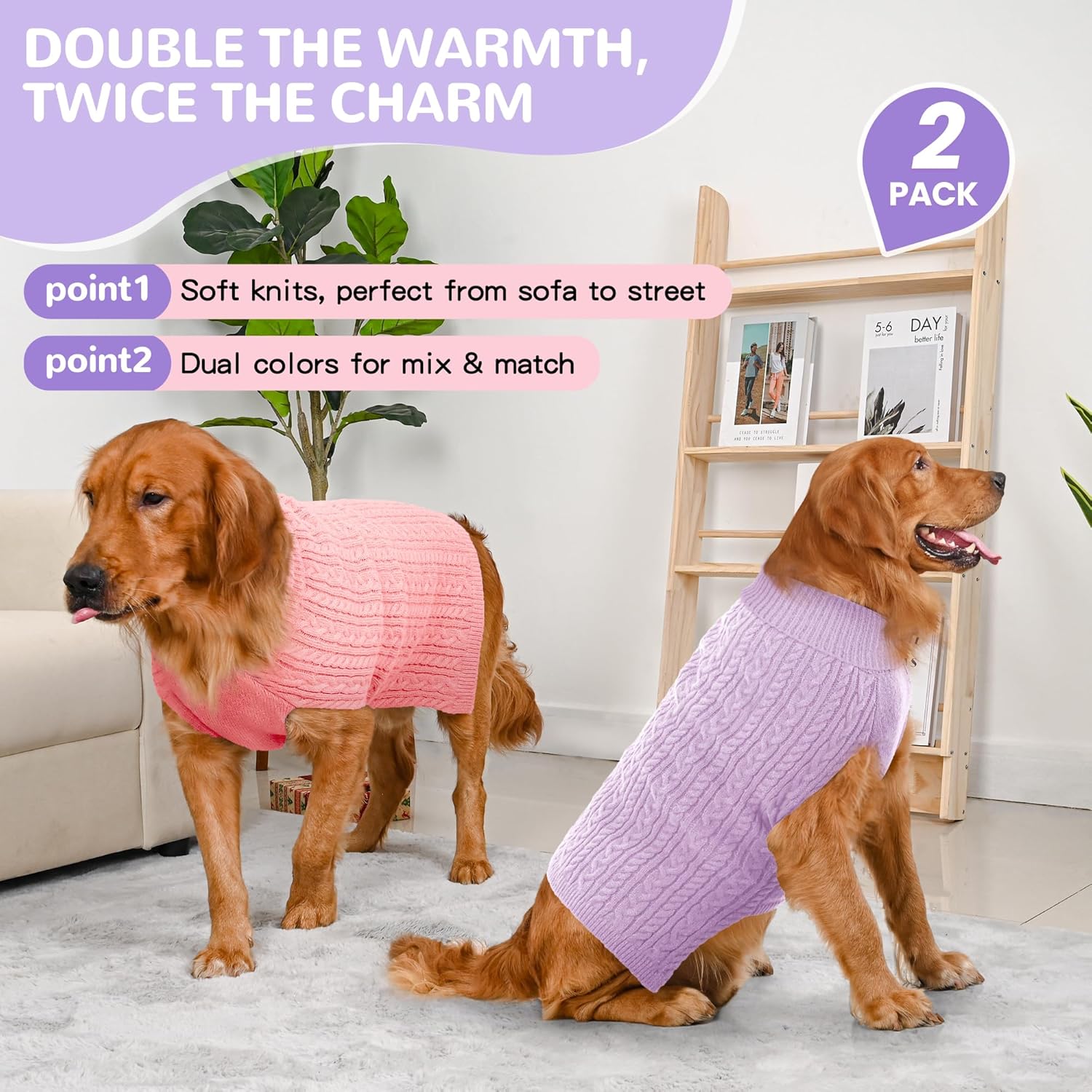 Lorehelina 2 Pack Dog Sweaters for Large Dogs Winter Turtleneck Pullover Cable Knit Fleece Stretch Pitbull Labrador Golden Retriever Doberman Bulldog Boy Girl Pet Clothes (XXL, Pink & Purple)