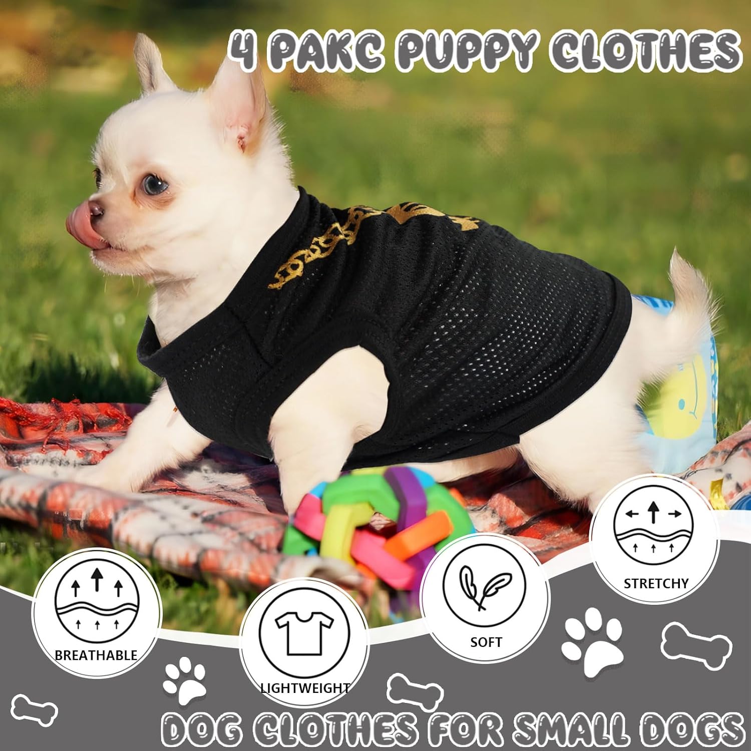 4-Pack Dog Clothes for Small Dogs Black Security Dog Shirt Soft Chihuahua Clothes Cute Male Puppy Clothes Pet Clothing for Small Dog Boy XXS