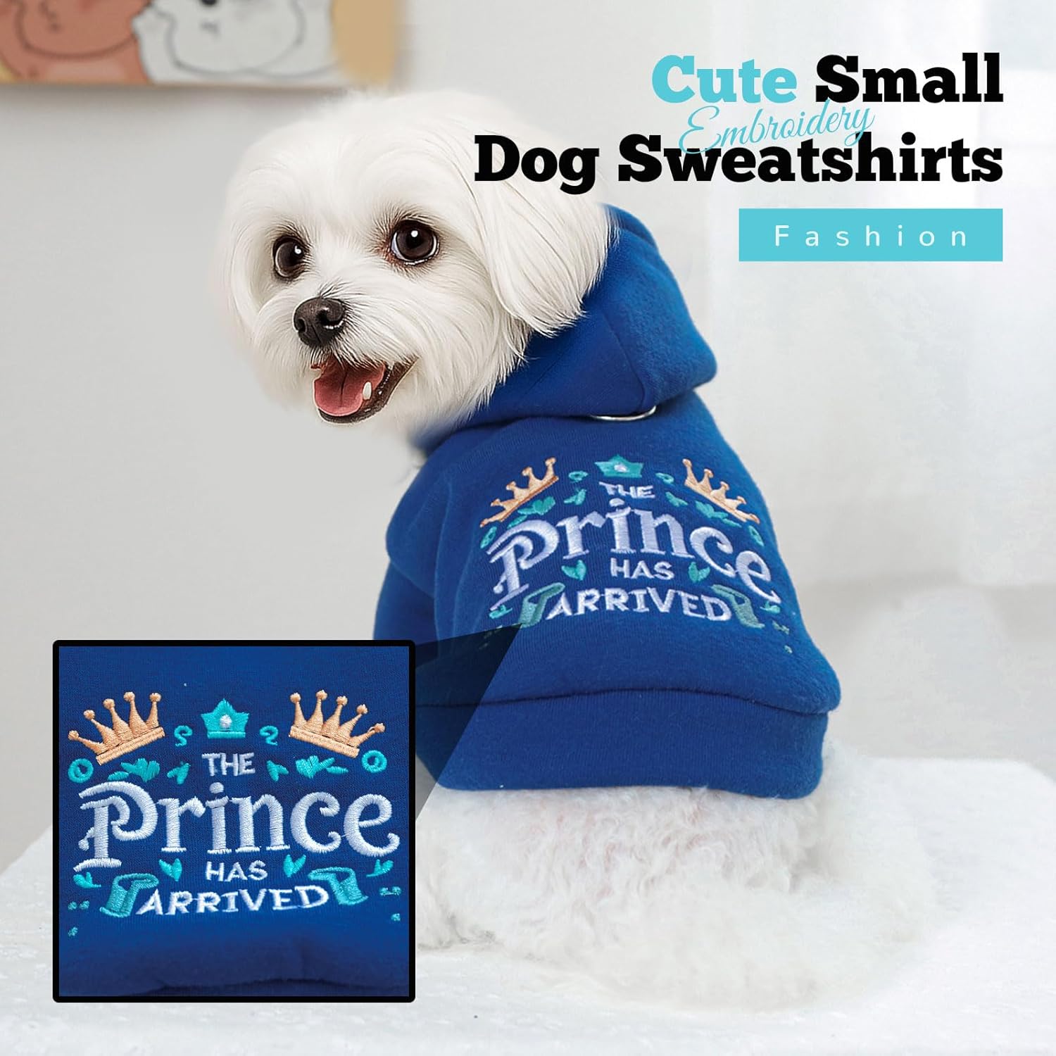Alternative view of ABRRLO Small Dog Hoodie Clothes Cute Blue Prince Fleece Dog Sweater for Small Dogs Cat Boy Warm Puppy Sweatshirt with Leash D Ring Fall Winter XS Tiny Pet Doggy Outfit Chihuahua Yorkie Shihtzu(Blue,M)