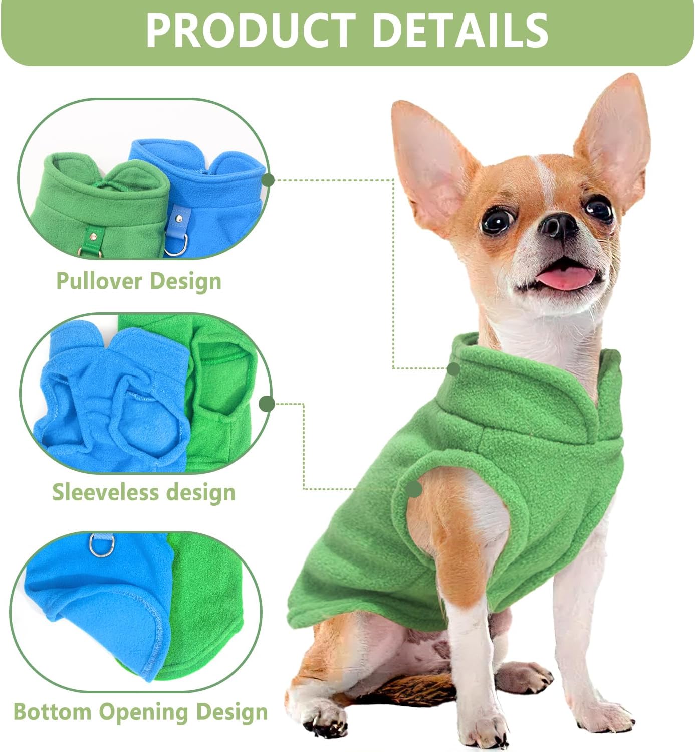 2 Pack Dog Sweater with Leash Ring, Warm Pet Clothes Thick Clothes Coat Fleece Dog Sweaters for Small Dogs Girl Boy Pullover Doggie Jacket for Fall Winter (Blue,Green, Small)