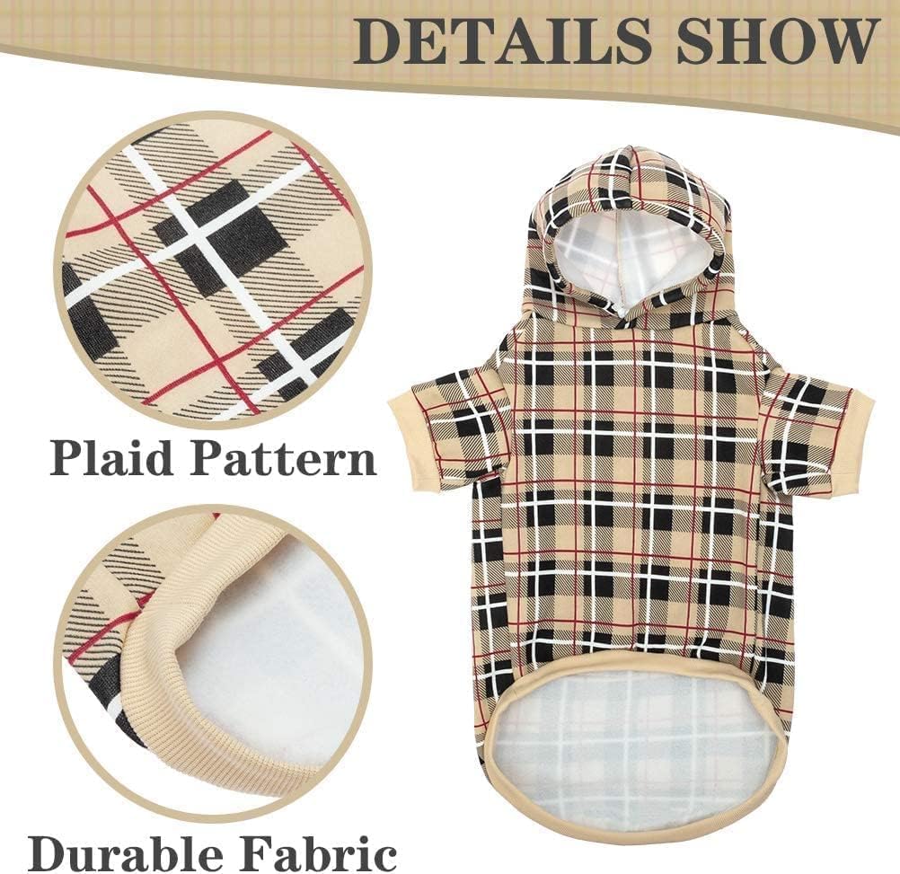 Alternative view of EXPAWLORER Plaid Dog Hoodie - British Style Warm Dog Sweater Shirt with Leash Hole,Pitbull Clothes Outfits,Winter Coat Apparel for All Breeds Puppy Girl Boy-Cat Apparel,Beige Small