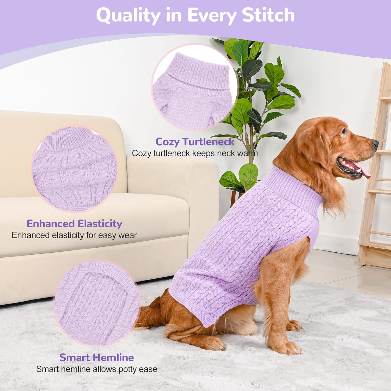 Alternative view of Lorehelina 2 Pack Dog Sweaters for Large Dogs Winter Turtleneck Pullover Cable Knit Fleece Stretch Pitbull Labrador Golden Retriever Doberman Bulldog Boy Girl Pet Clothes (XXL, Pink & Purple)