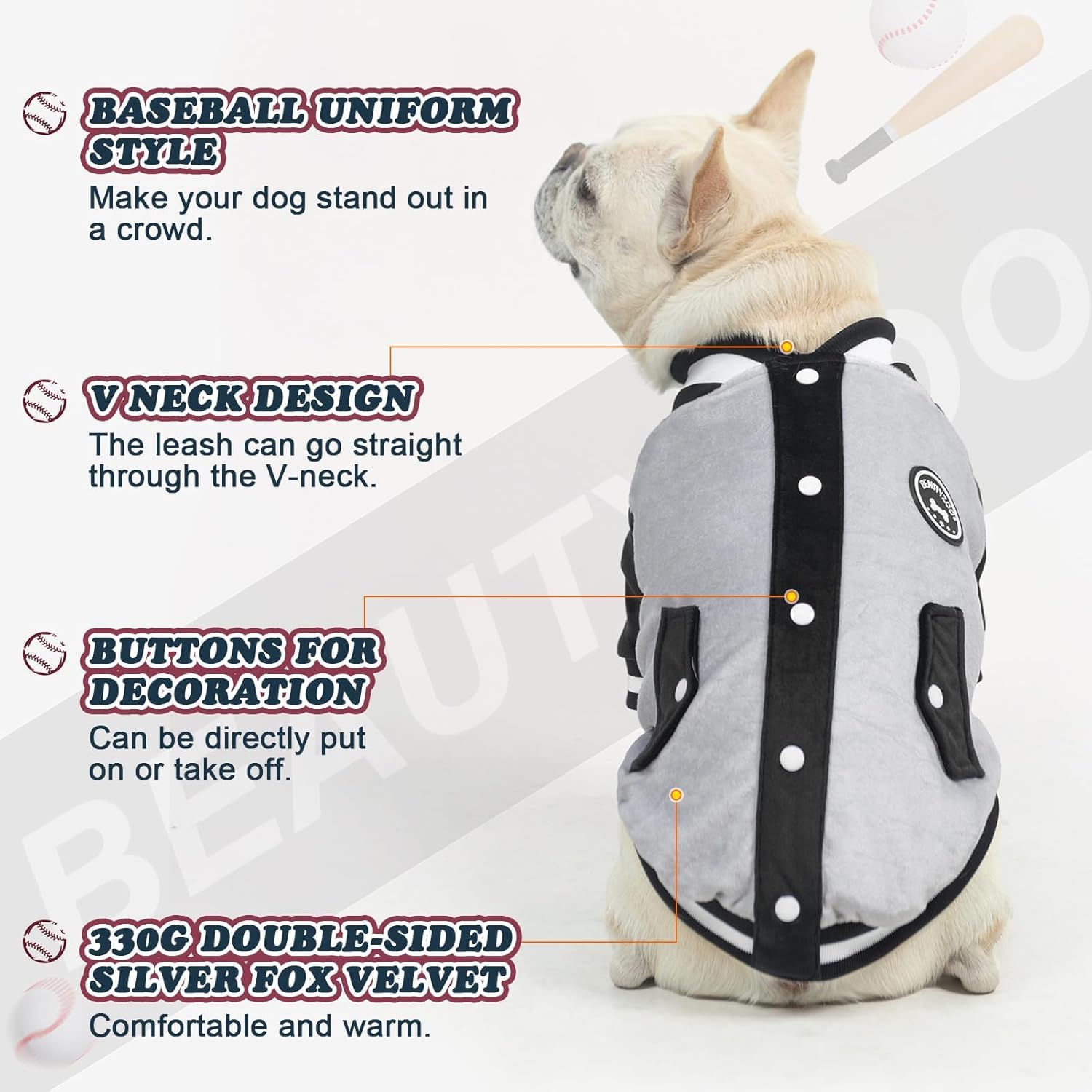 Alternative view of BEAUTYZOO Dog Sweaters for Small Medium Large Dogs, Dog Hoodie Warm Fleece Dogs Winter Clothes Cute Stylish Boy & Girl Dog Sweatshirts, Grey Sport Coats Baseball Uniform Jackets for Puppy, S