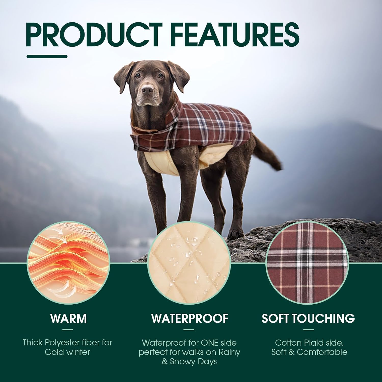 Alternative view of Kuoser Waterproof Dog Coat, Reversible Dog Jacket for Medium Dogs, Adjustable Durable Doggie Winter Coat Warm Puppy Cold Weather Apparel from Small to Large Breed, Brown M