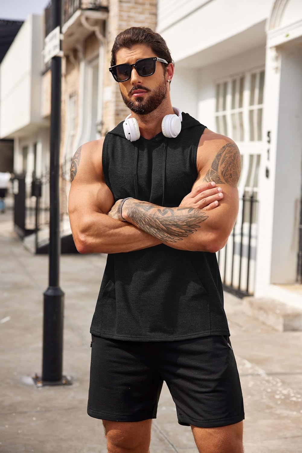 Alternative view of COOFANDY Men's Workout Hooded Tank Tops Bodybuilding Muscle Cut Off T Shirt Sleeveless Gym Hoodies