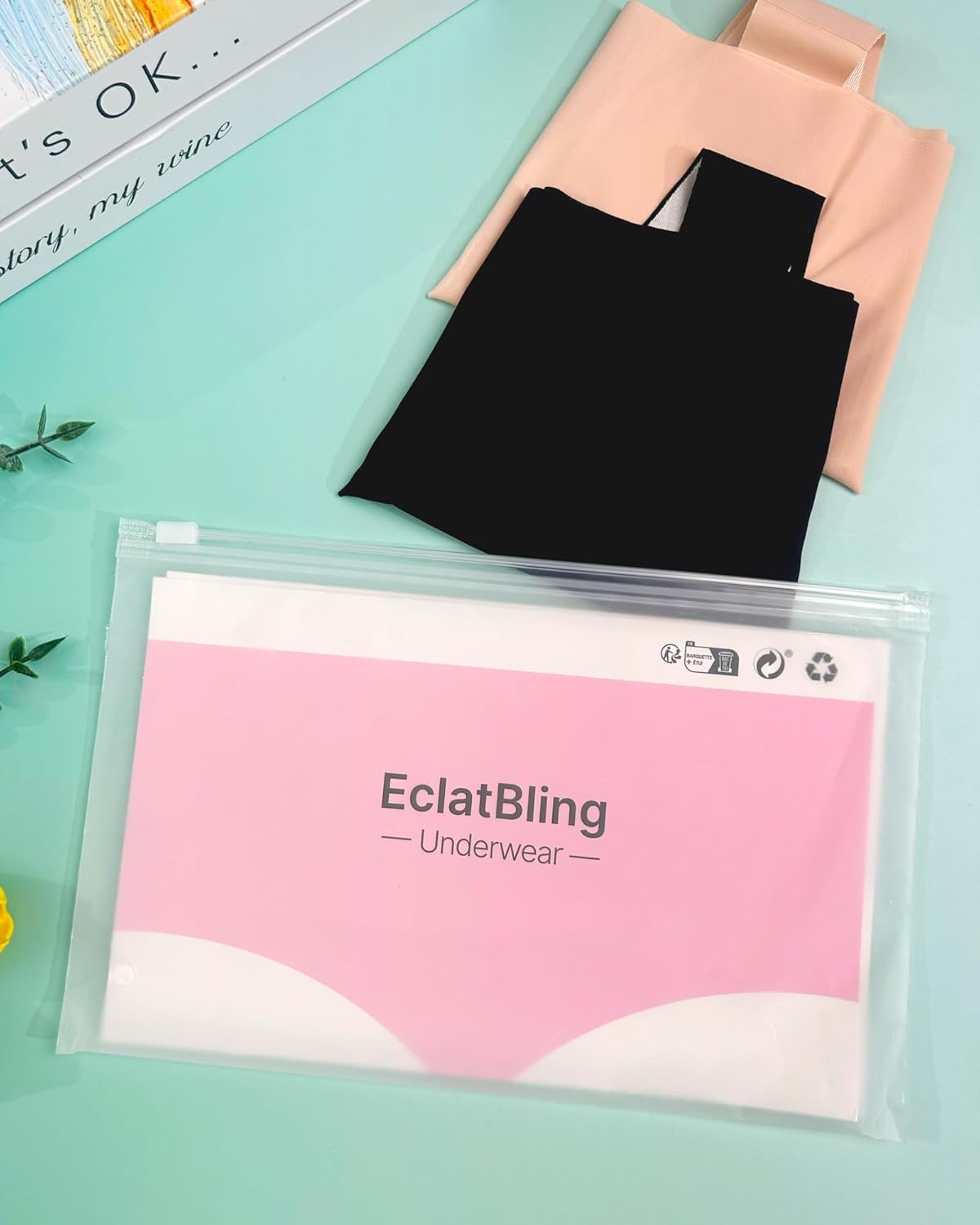 EclatBling Seamless Workout Thongs for Women - No Show Womens Underwear with Wide Gusset Invisible Panties Nude&Black 2 Pack