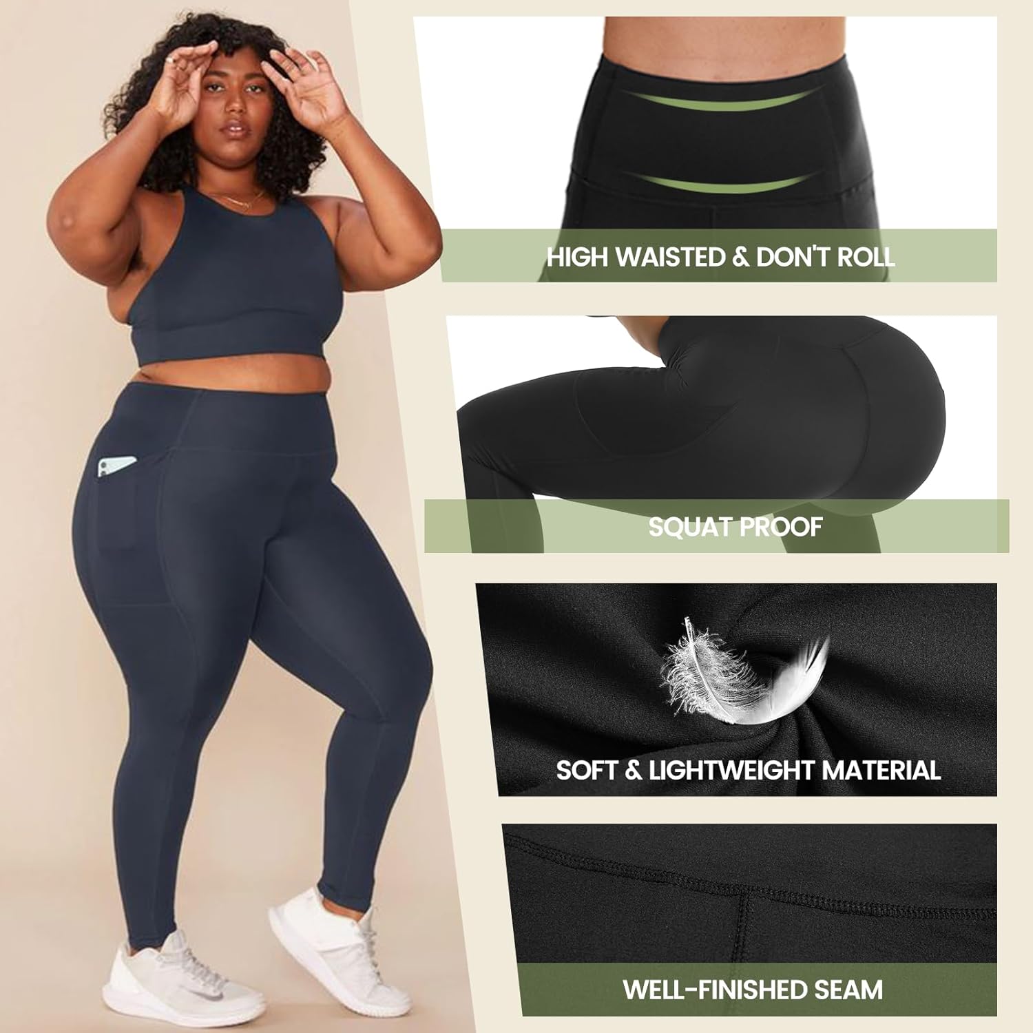 Alternative view of HLTPRO 3 Pack Plus Size Leggings with Pockets for Women - Black High Waisted Tummy Control Soft Yoga Pants for Gym Workout