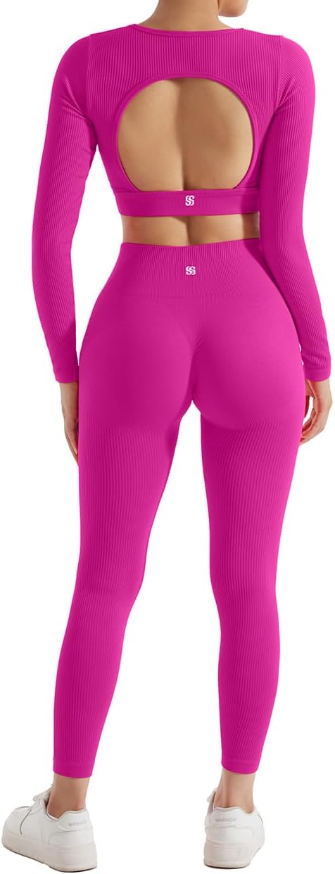 SUUKSESS 2 Piece Workout Sets for Women Long Sleeve Gym Sets Woman Butt Lifting Leggings Open Back Crop Tops
