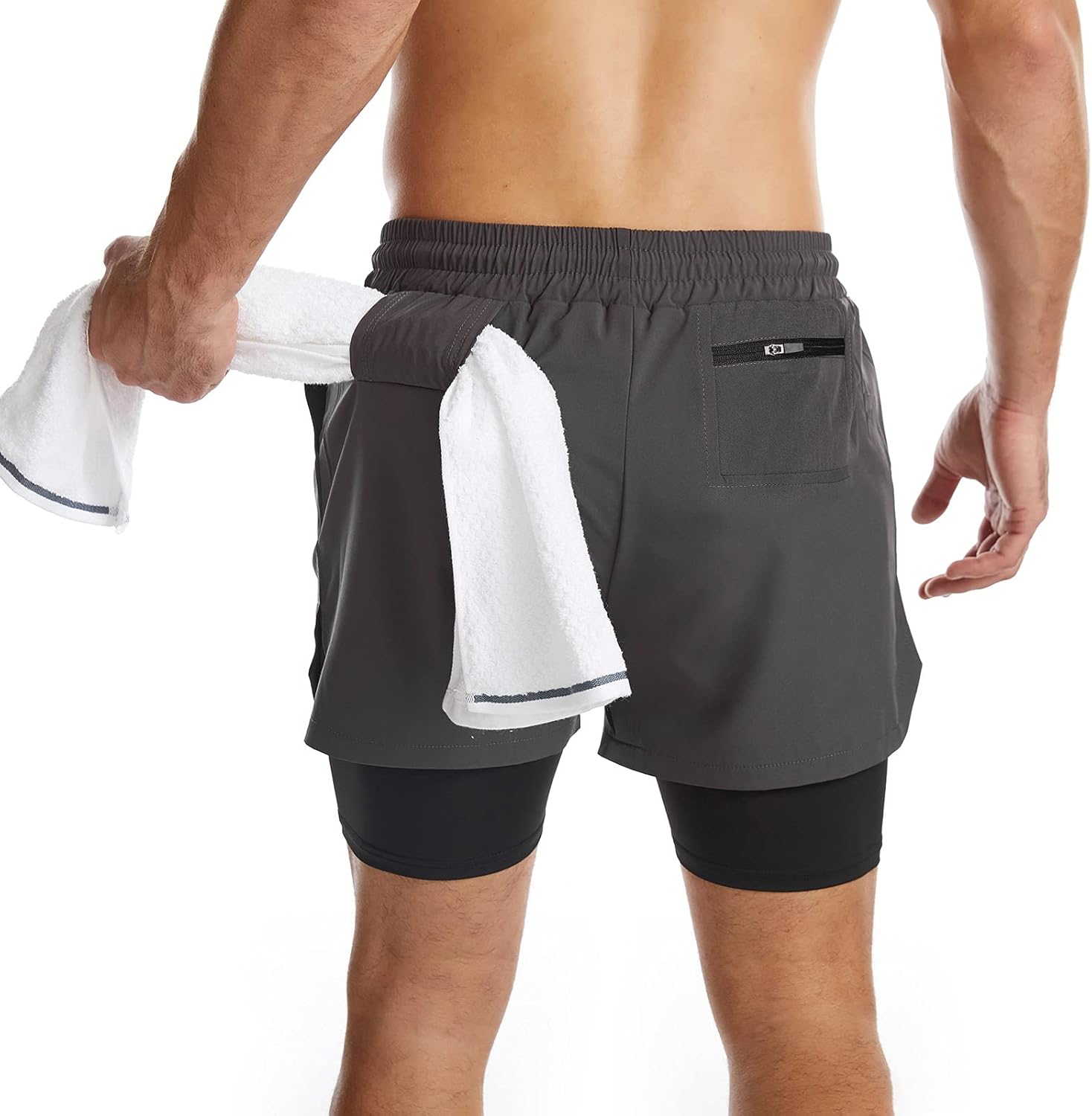 Surenow Mens 2 in 1 Running Shorts Quick Dry Athletic Shorts with Liner, Workout Shorts with Zip Pockets and Towel Loop