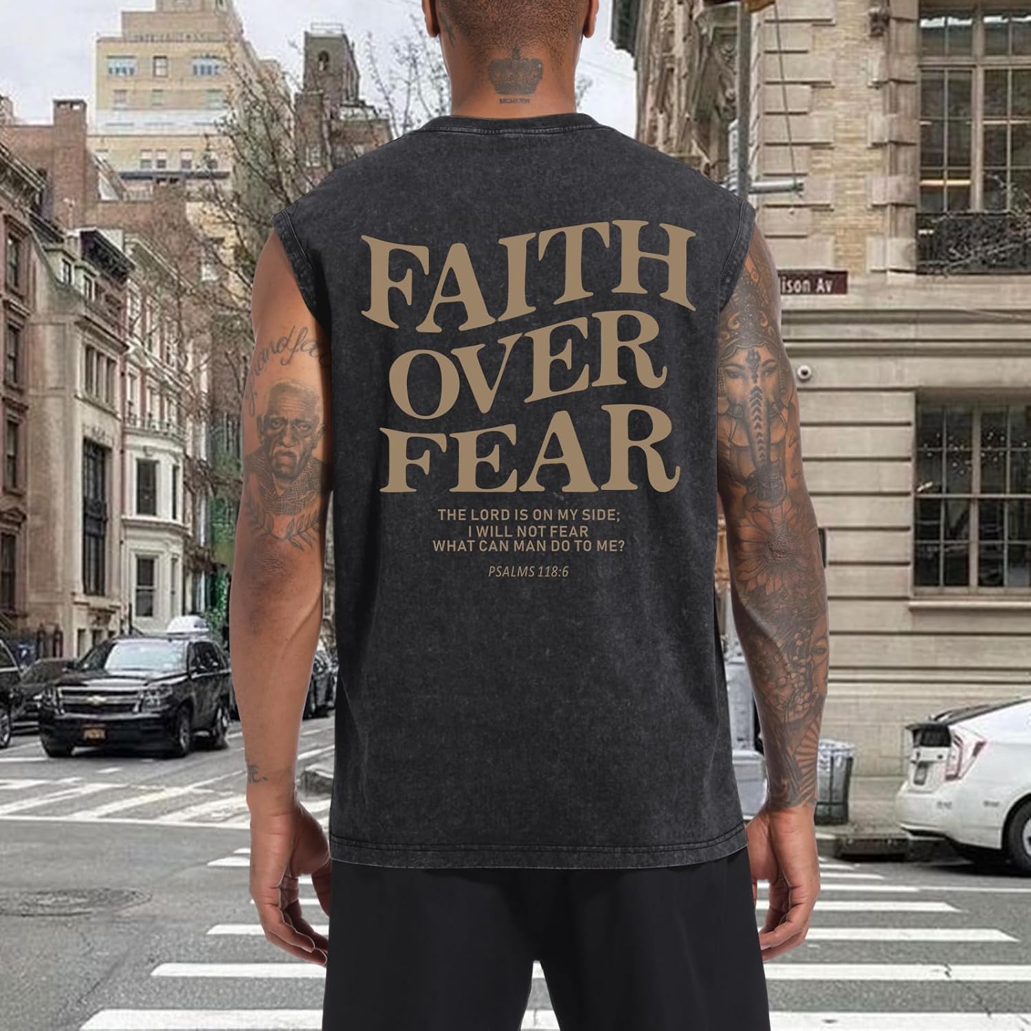 Alternative view of Weetiotio Mens Christian Sleeveless Shirts Faith Over Fear Graphic Tank Tops Gym Workout Acid Wash Tanks Cut Off Muscle Shirt