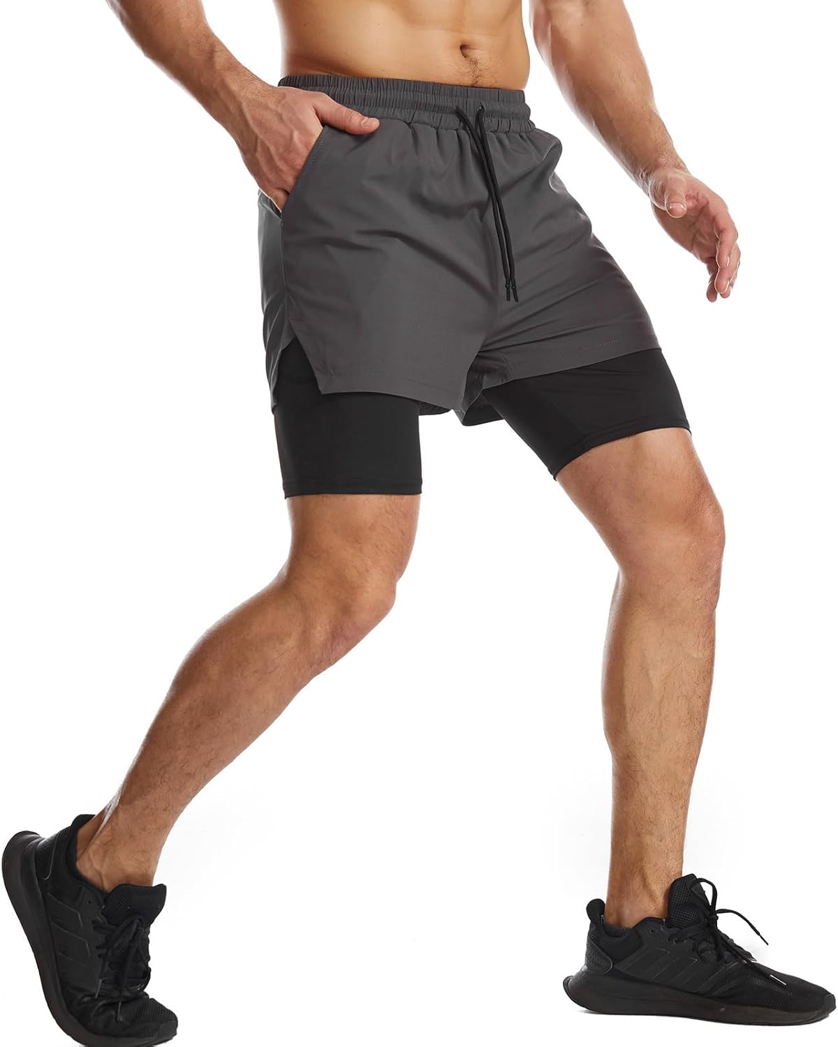 Alternative view of Surenow Mens 2 in 1 Running Shorts Quick Dry Athletic Shorts with Liner, Workout Shorts with Zip Pockets and Towel Loop