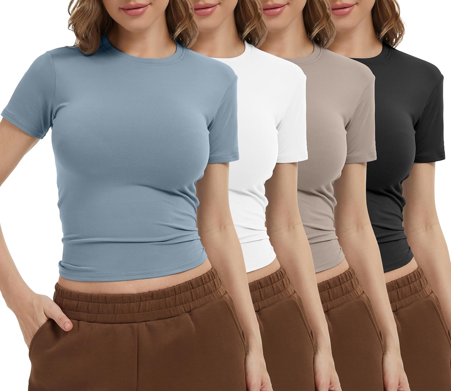 Alternative view of Dalavch 4 Pack Women's Workout Shirts Compression Short Sleeve Crew Neck Running Yoga Gym Athletic Fitted Crop T-Shirts Top