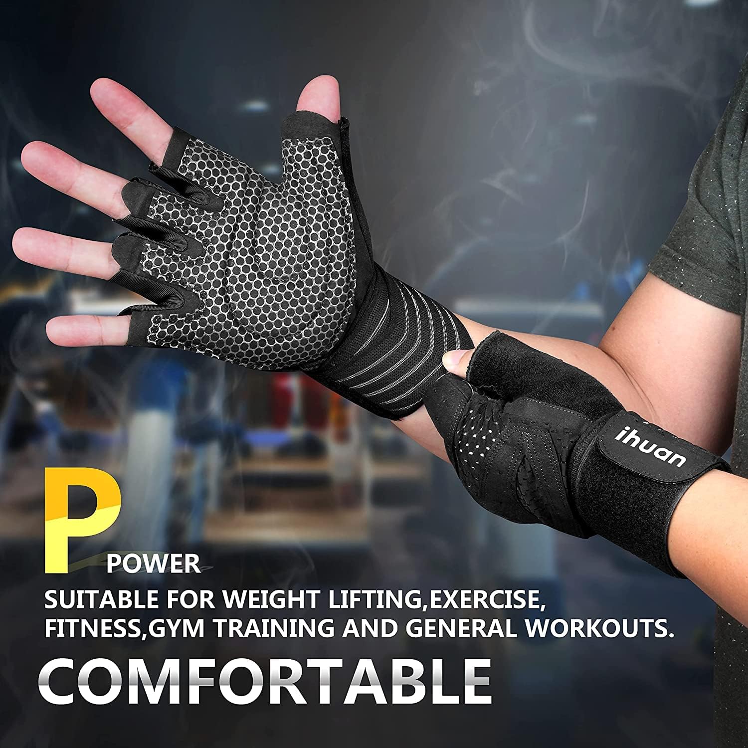 Alternative view of ihuan Ventilated Weight Lifting Gym Workout Gloves with Wrist Wrap Support for Men & Women, Full Palm Protection, for Weightlifting, Training, Fitness, Hanging, Pull ups
