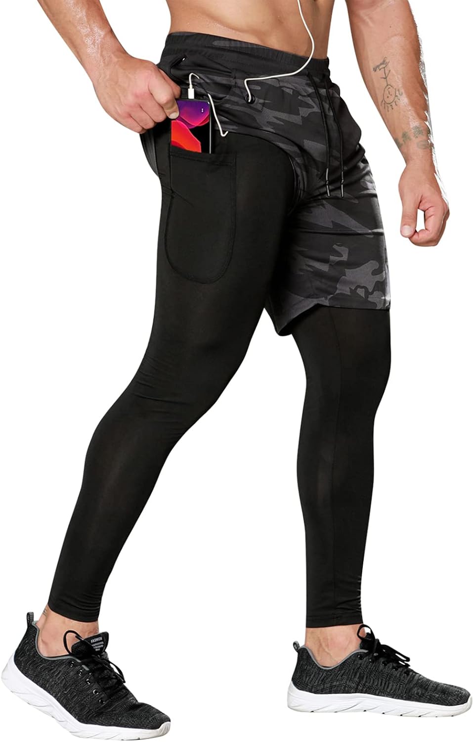 Alternative view of Odoland 2 Pack Mens Compression Running Pants, 2 in 1 Quick Dry Athletic Workout Sweatpants Shorts Gym Leggings with Pocket