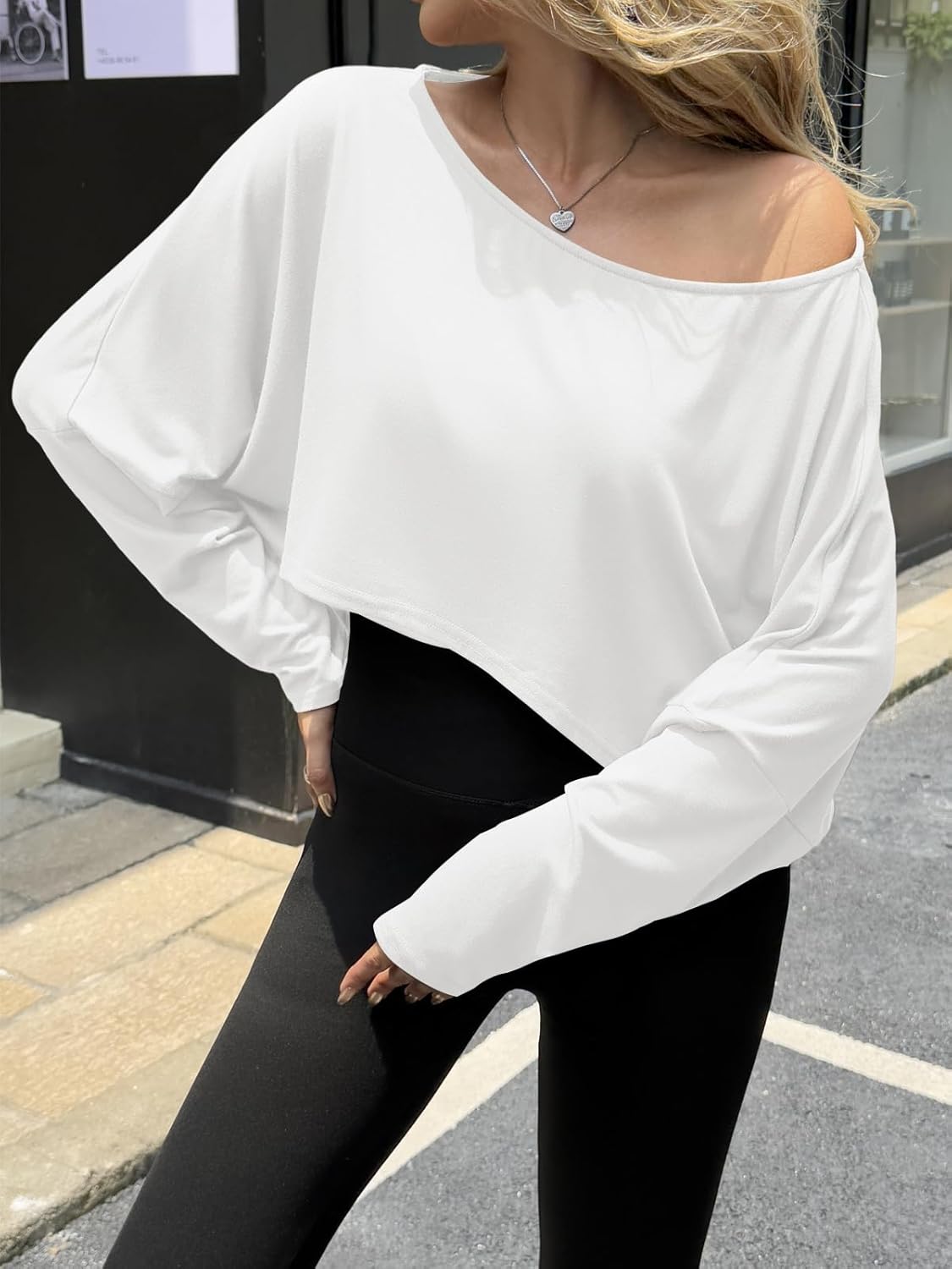 Fisoew Womens Off The Shoulder Cropped Tops Batwing Long Sleeve Loose Fit Summer Boat Neck Workout T Shirts