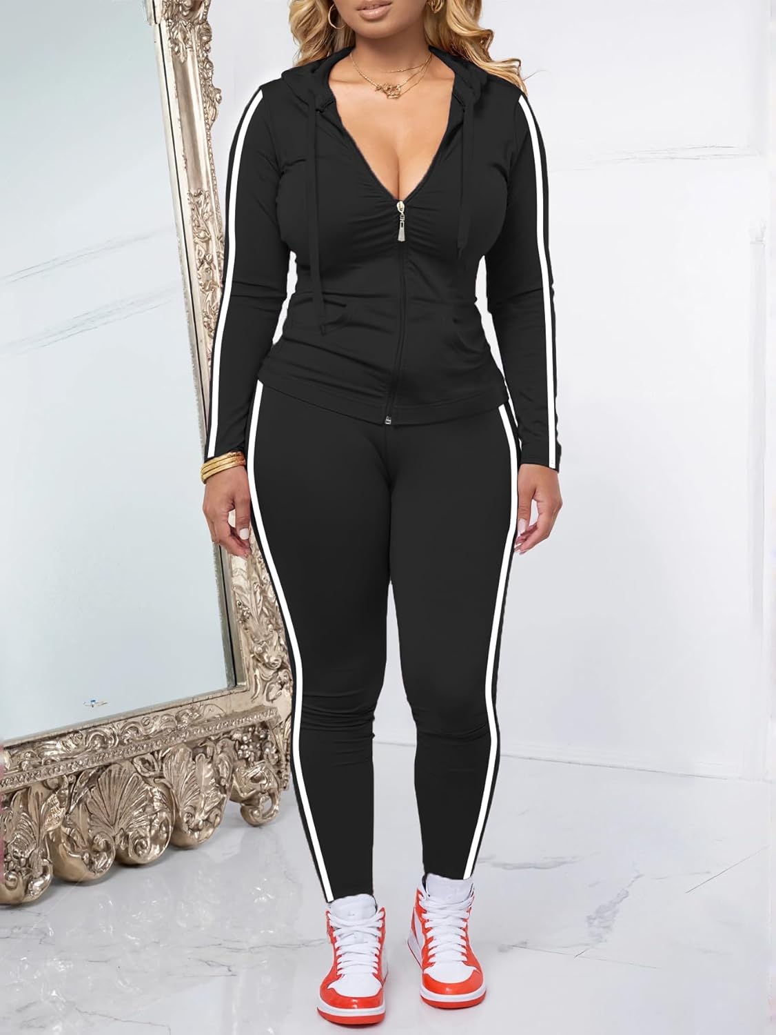 Hakubeby Women 2 Piece Outfits Casual Workout Sets Striped Bodycon Tracksuit Zip Up Long Sleeve Hoodle Jacket Jogger Pant Set